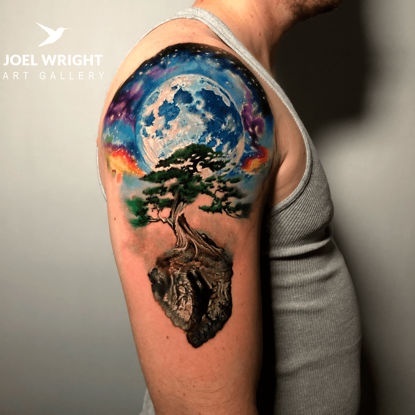 surreal tree tattoo with moon
