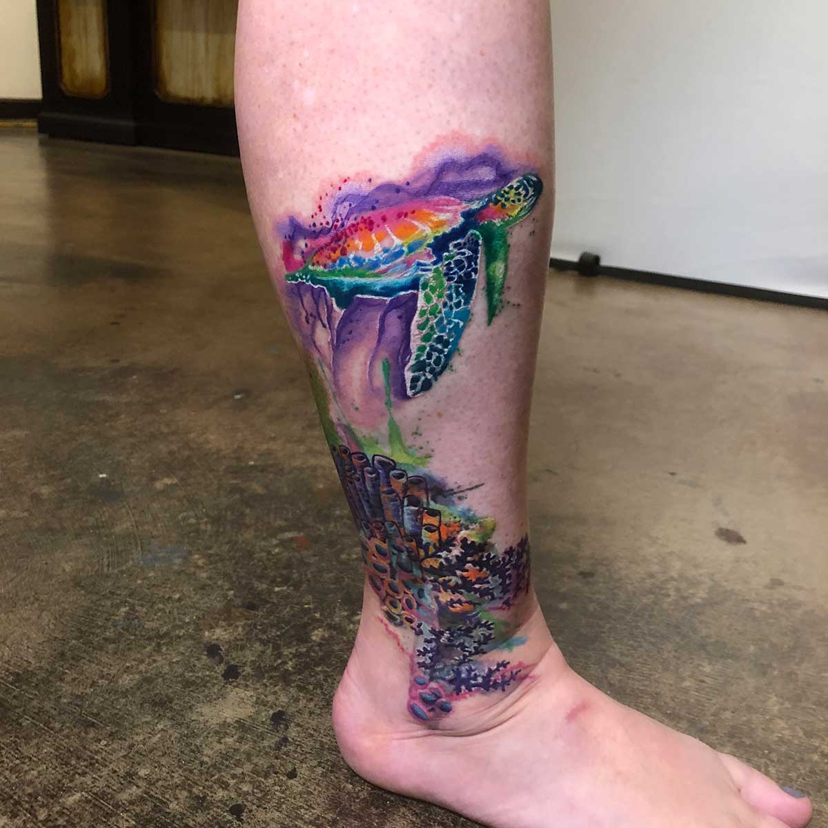 Watercolor Shark Tattoo Design For Leg